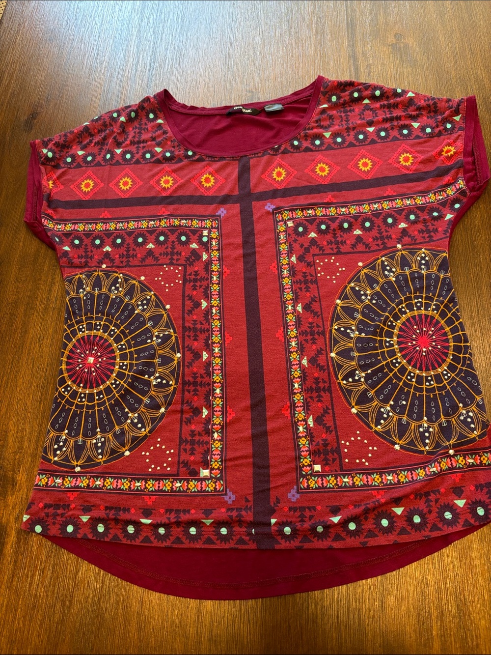 Desigual Red Printed Short Sleeve Tee with Geometric Mandala Motifs